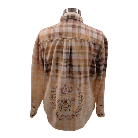 Upcycled Hand Painted Bees Hibiscus Hand Flannel Shirt - Bleached Brown XL Unise - Picture 5 of 9